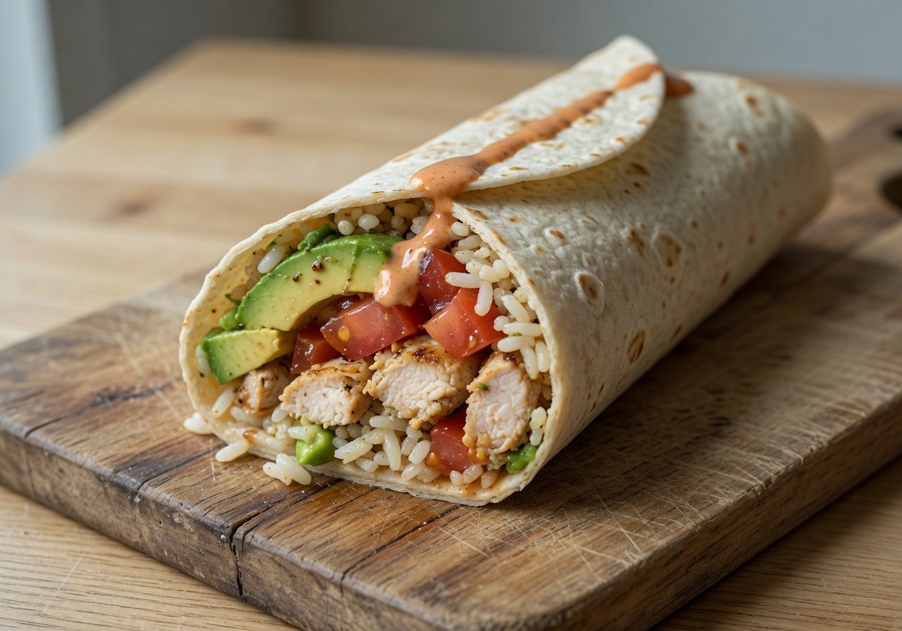 Fajita de pollo, arroz y verduras