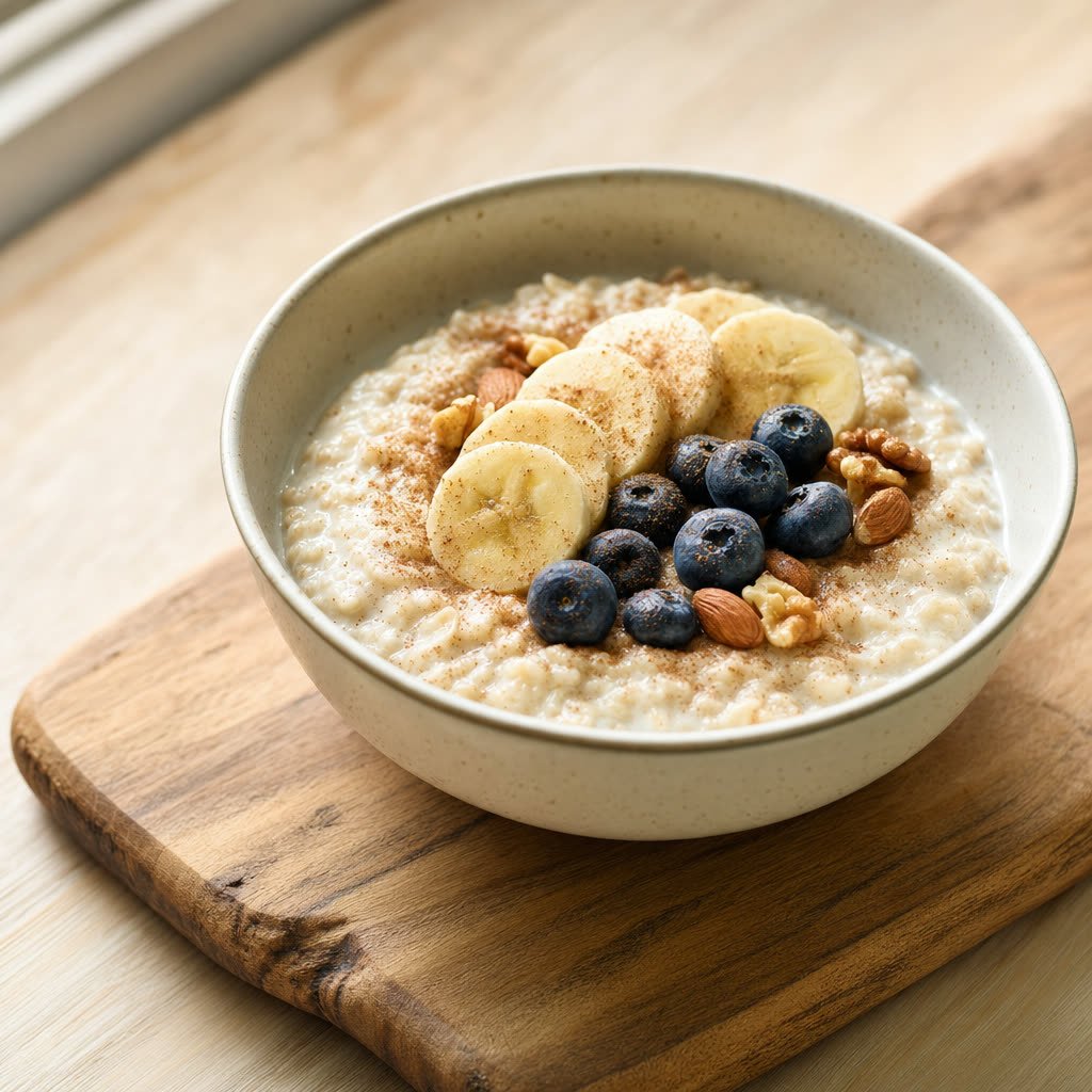 Porridge de avena con bebida de soja, fruta y frutos secos