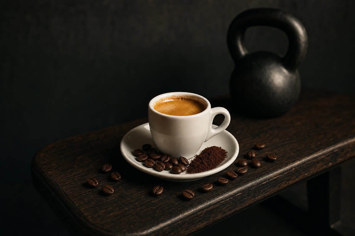 Café espresso junto a unas zapatillas en un banco de gimnasio