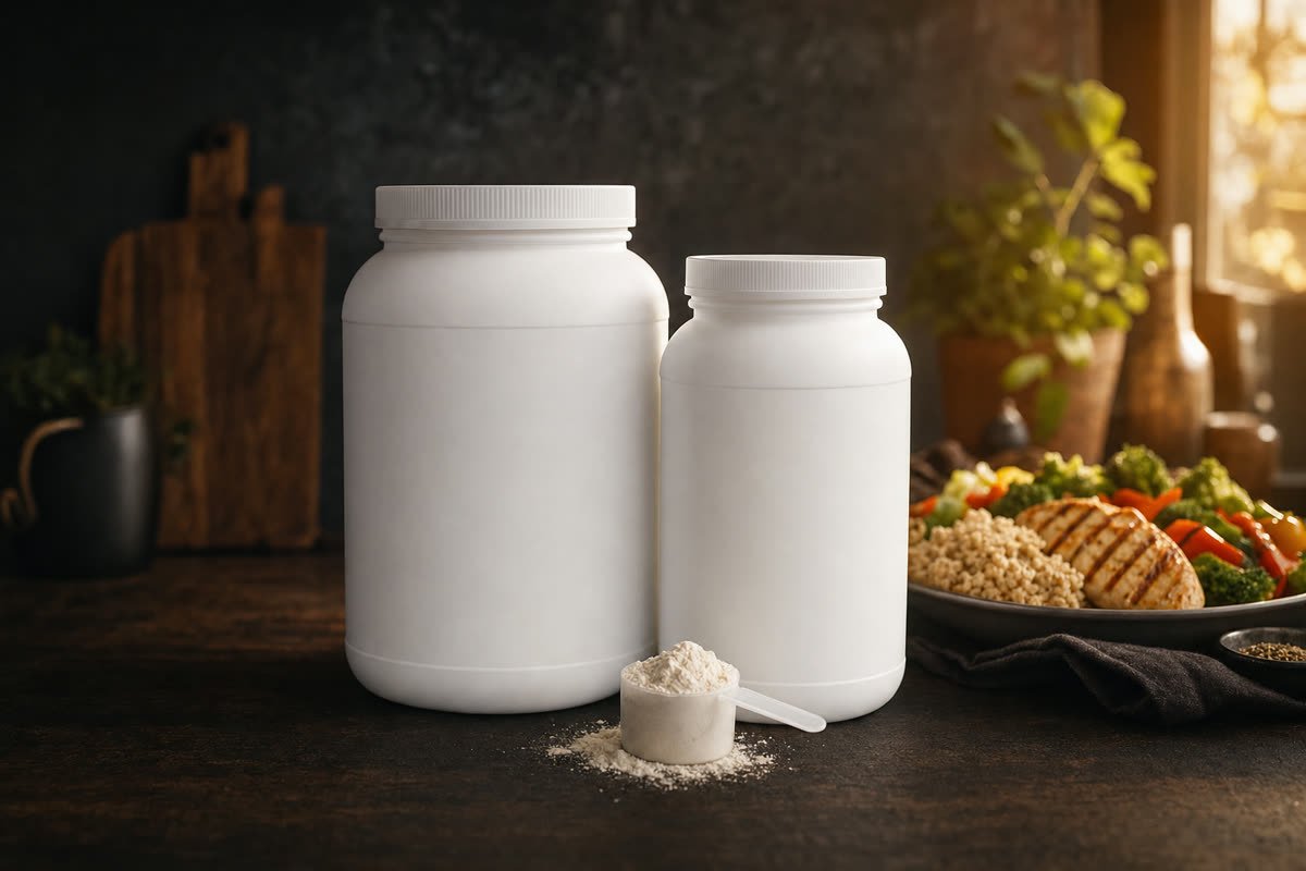 Botes de suplementos con una comida completa detrás