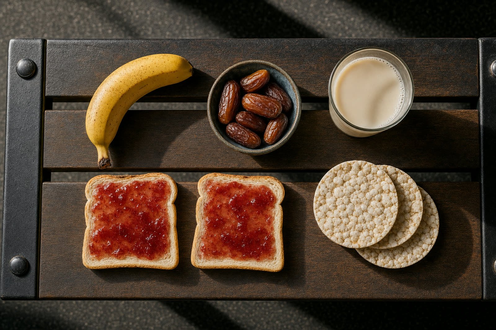 Alimentos para comer antes de entrenar sobre un banco de gimnasio: pan con mermelada, plátano, dátiles, tortitas de arroz y bebida de avena