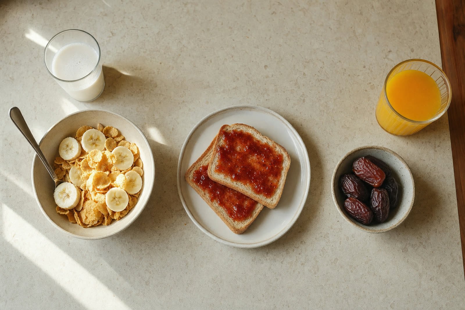 Tres opciones de comida pre-entreno: cereales con plátano, tostadas con mermelada y dátiles con zumo